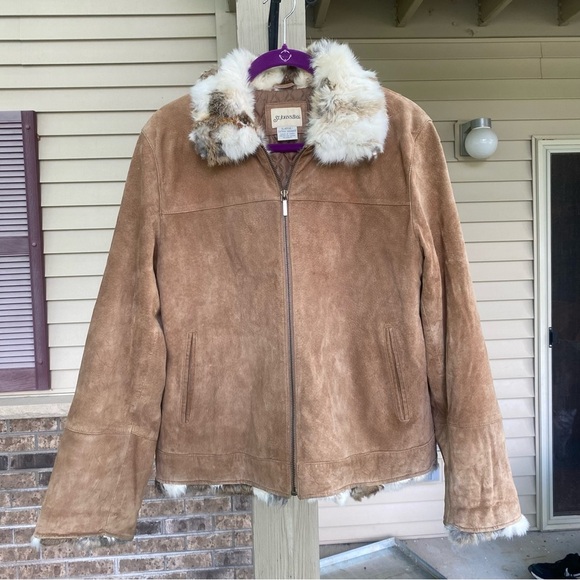 St. John’s Bay Vintage Rabbit Fur Trim Leather Jacket - Picture 2 of 11